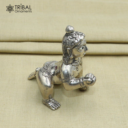 925 sterling silver idol of divine Krishna Laddu Gopal, crawling Krishna statue figurine, detailed tribal ornament craftsmanship