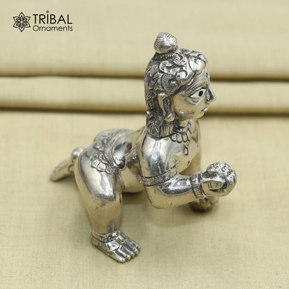 925 sterling silver idol of divine Krishna Laddu Gopal, crawling Krishna statue figurine by Tribal Ornaments.