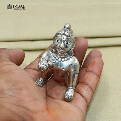 925 sterling silver idol of Krishna, Laddu Gopal, crawling Krishna statue figurine with detailed craftsmanship by Tribal Ornaments.