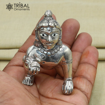 925 sterling silver idol of divine Krishna Laddu Gopal crawling statue, detailed religious figurine by TRIBAL ORNAMENTS