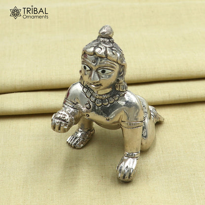 925 sterling silver idol of Lord Krishna Laddu Gopal, crawling Krishna statue figurine by TRIBAL ORNAMENTS, detailed silver craftsmanship.