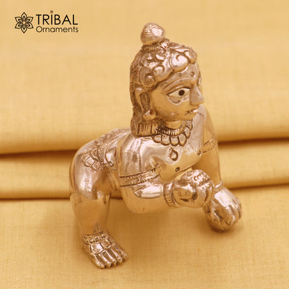 925 sterling silver idol of divine Krishna Laddu Gopal crawling statue, detailed figurine crafted by TRIBAL ORNAMENTS.