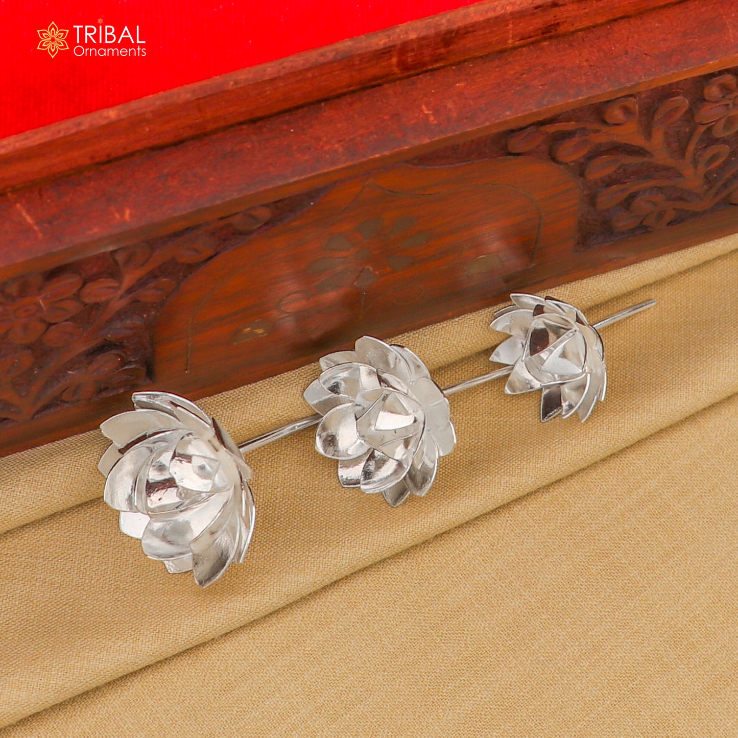925 sterling silver lotus flower worship article for puja and temple rituals, crafted by Tribal Ornaments.