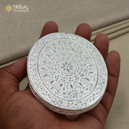 925 Sterling silver oval-shaped bazot or chouki pooja utensil with intricate tribal design, crafted by TRIBAL ORNAMENTS.