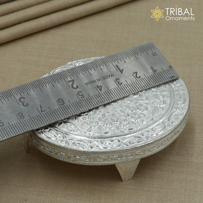 925 Sterling silver oval-shaped bazot or chouki pooja utensil with intricate tribal design by Tribal Ornaments.
