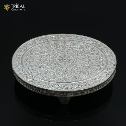 925 Sterling silver oval-shaped bazot or chouki pooja utensil with intricate tribal design, crafted by TRIBAL ORNAMENTS.