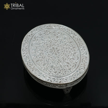 925 Sterling silver oval-shaped bazot or chouki pooja utensil by Tribal Ornaments, traditional Indian religious offering vessel