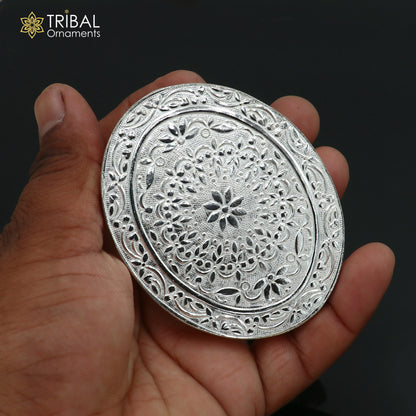 925 Sterling silver oval shape bazot or chouki pooja utensil by Tribal Ornaments, showcasing traditional Indian design.