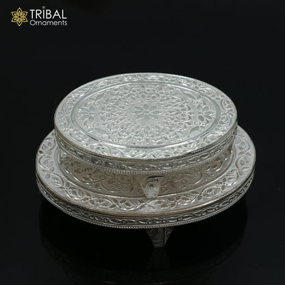 925 Sterling silver oval-shaped bazot or chouki pooja utensil from Tribal Ornaments, showcasing intricate craftsmanship.