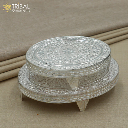 925 Sterling silver oval-shaped bazot or chouki pooja utensil from Tribal Ornaments, detailed with traditional design.