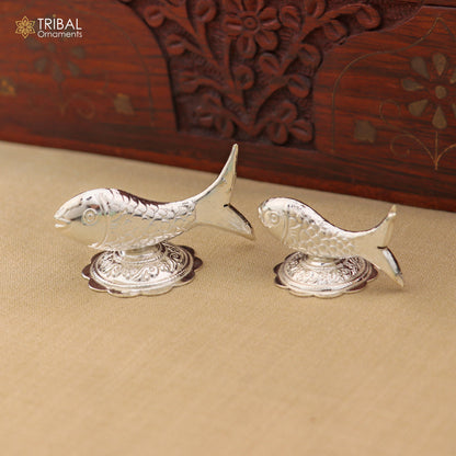 925 sterling silver fish representing Lord Vishnu's Matsya avatar, traditional silver Puja fish for prosperity and good luck.
