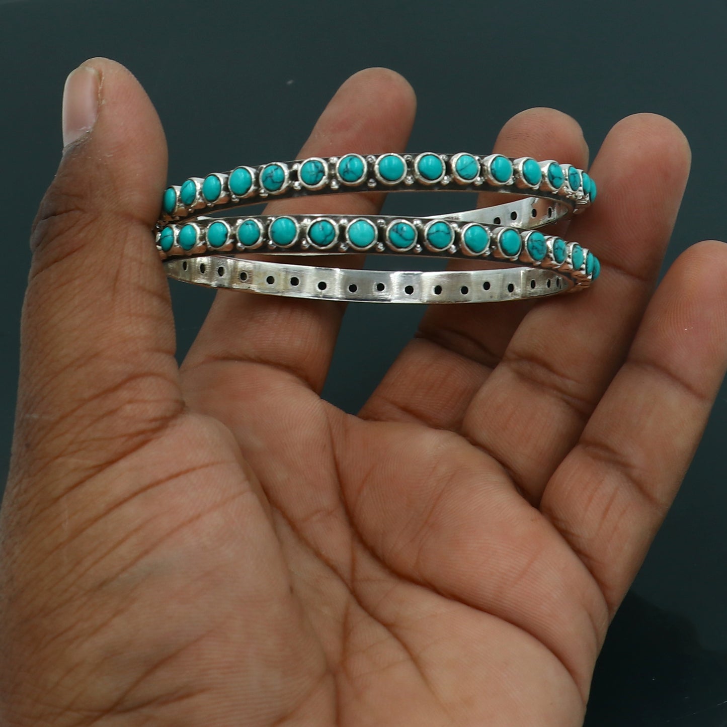 925 sterling turquoise stone bangle pure silver gifting jewelry ba440 - TRIBAL ORNAMENTS