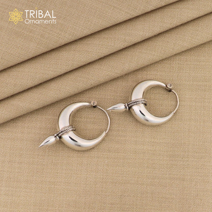 Sterling silver tribal hoop earrings with a shiny, plain design, Bali-inspired, unisex style for belly dance or tribal jewelry.
