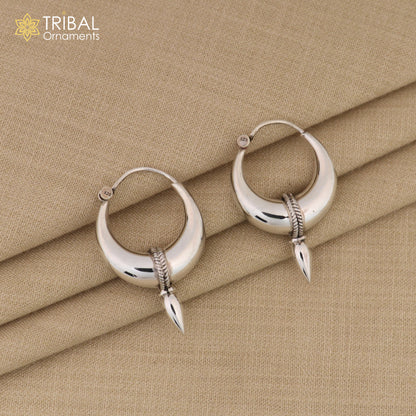 925 sterling silver tribal hoop earrings with a shiny, plain design, Bali-inspired unisex jewelry for belly dance or casual wear