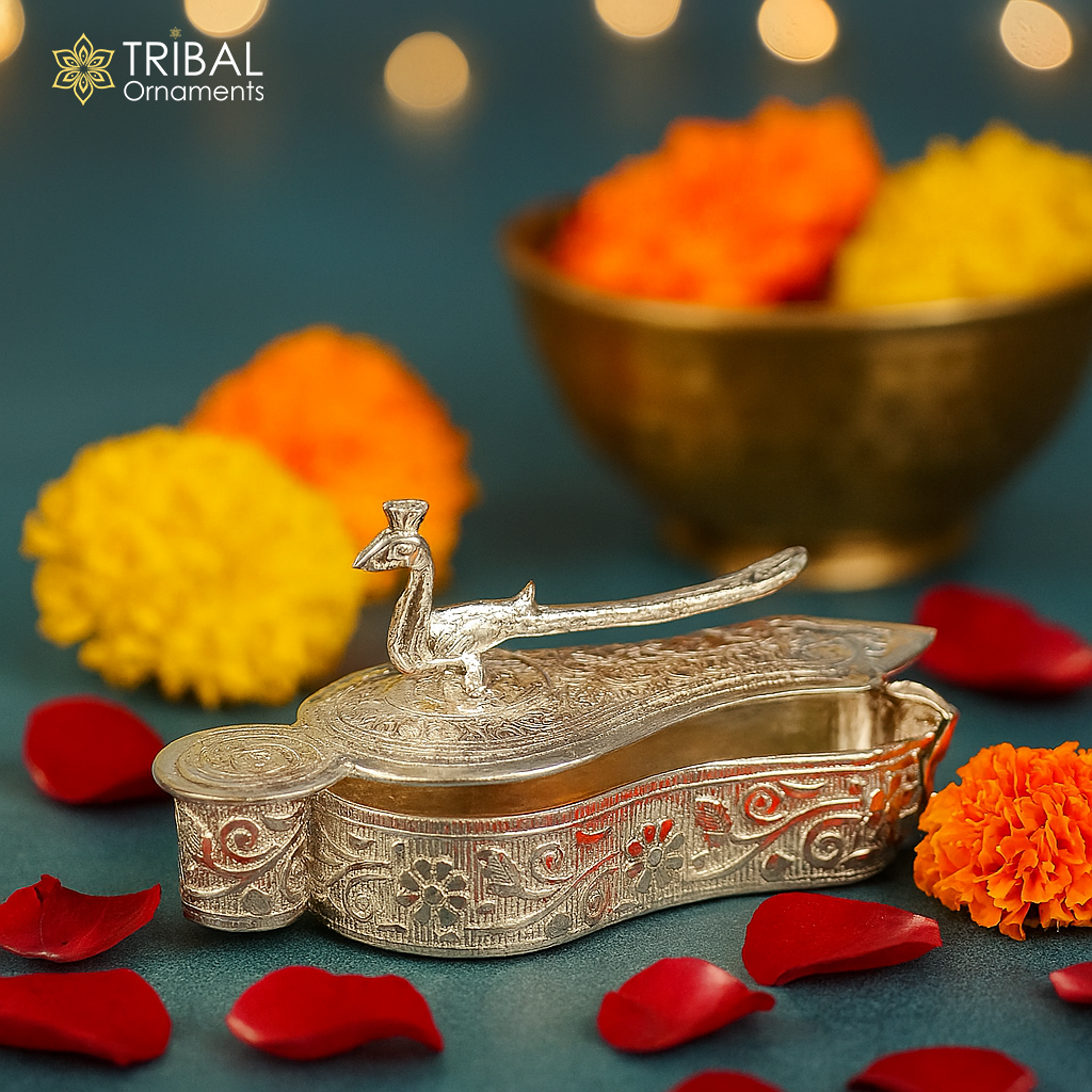 925 sterling silver handmade fabulous unique design peacock trinket box, brides gift, casket box silver article, silver utensils stb162 - TRIBAL ORNAMENTS