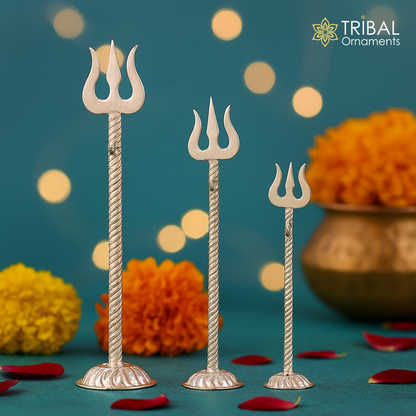 925 Sterling silver handmade Lord Shiva trident, detailed craftsmanship, perfect for puja, collectible Mahadev or goddess trishul.