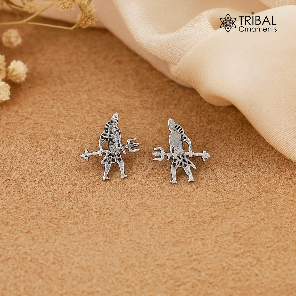 Indian idol 925 silver lord shiva with trident design stud earring jewelry s-38 - TRIBAL ORNAMENTS