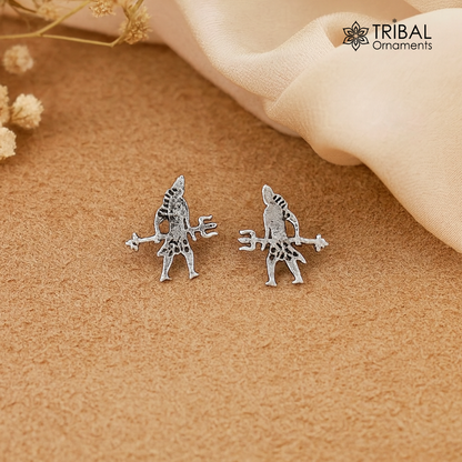 925 silver Lord Shiva stud earring with trident design from TRIBAL ORNAMENTS, featuring detailed Indian idol jewelry craftsmanship.