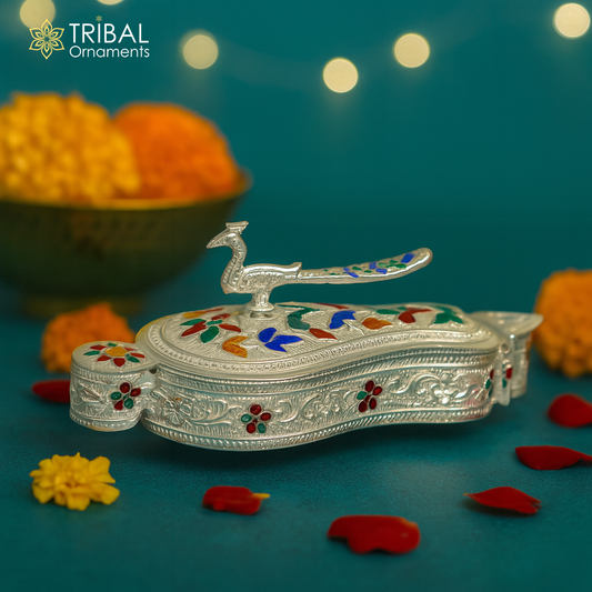 925 sterling silver handmade fabulous unique design peacock trinket box, brides gift, casket box, silver article, silver utensils stb264 - TRIBAL ORNAMENTS