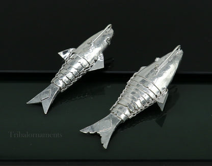 Solid silver Lord Vishnu Matsya avatar fish, handcrafted silver puja fish for prosperity and good luck, collectible tribal ornament.