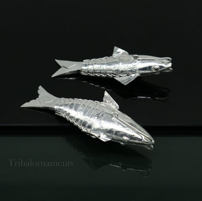 Solid silver Lord Vishnu Matsya fish sculpture for prosperity and good luck, handcrafted silver puja fish by TRIBAL ORNAMENTS.