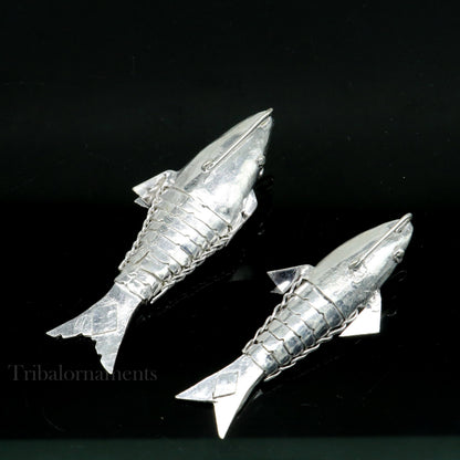 Solid silver Lord Vishnu Matsya fish sculpture for prosperity and good luck, handcrafted tribal-style silver Puja fish.