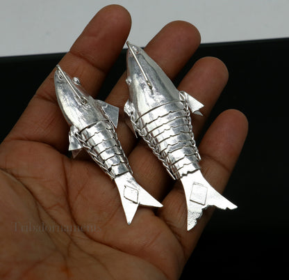 Solid silver Lord Vishnu avatar Matsya fish, handmade silver Puja fish for prosperity and good luck, crafted by Tribal Ornaments.