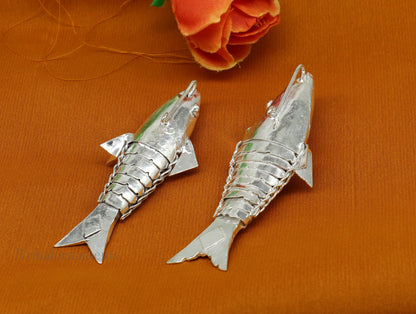 Solid silver Lord Vishnu avatar Matsya fish sculpture, handmade for prosperity and good luck, by Tribal Ornaments.