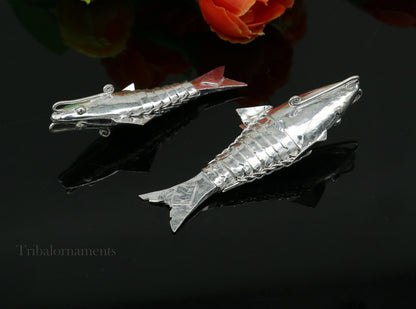 Solid silver Lord Vishnu Matsya avatar fish, handmade silver puja fish for prosperity and good luck, tribal ornament style.