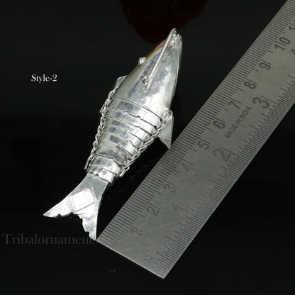 Solid silver Lord Vishnu avatar Matsya fish pendant, handcrafted silver puja fish for prosperity and good luck by Tribal Ornaments.