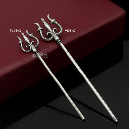 Solid 925 sterling silver Divine Lord Shiva Trident, Indian goddess trishul puja accessory, intricate tribal ornament design.