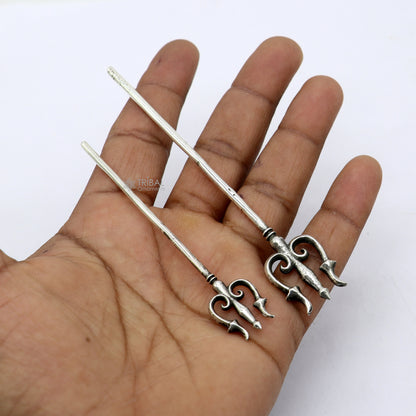 Solid 925 sterling silver Lord Shiva Trident, traditional Hindu goddess Trishul puja accessory from Tribal Ornaments India.