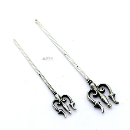 Solid 925 sterling silver Divine Lord Shiva Trident, Indian trishul puja accessory with intricate design and spiritual significance.