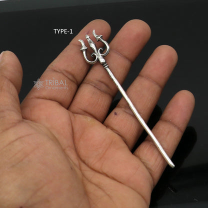 Solid 925 sterling silver Shiva Trident, divine Lord Shiva trishul puja article, intricate goddess trishul accessory from India.