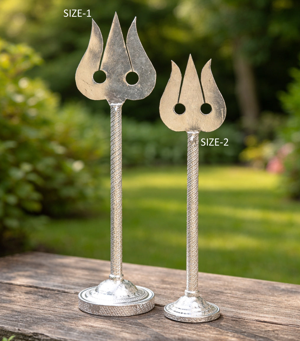 925 Sterling silver Lord Shiva trident, handcrafted Mahadev trishul for puja, detailed tribal ornament art piece.