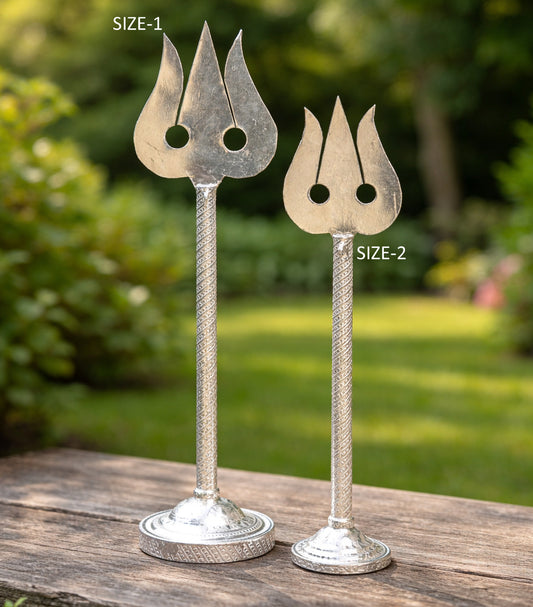 925 Sterling silver Lord Shiva trident, handcrafted Mahadev trishul for puja, detailed tribal ornament art piece.