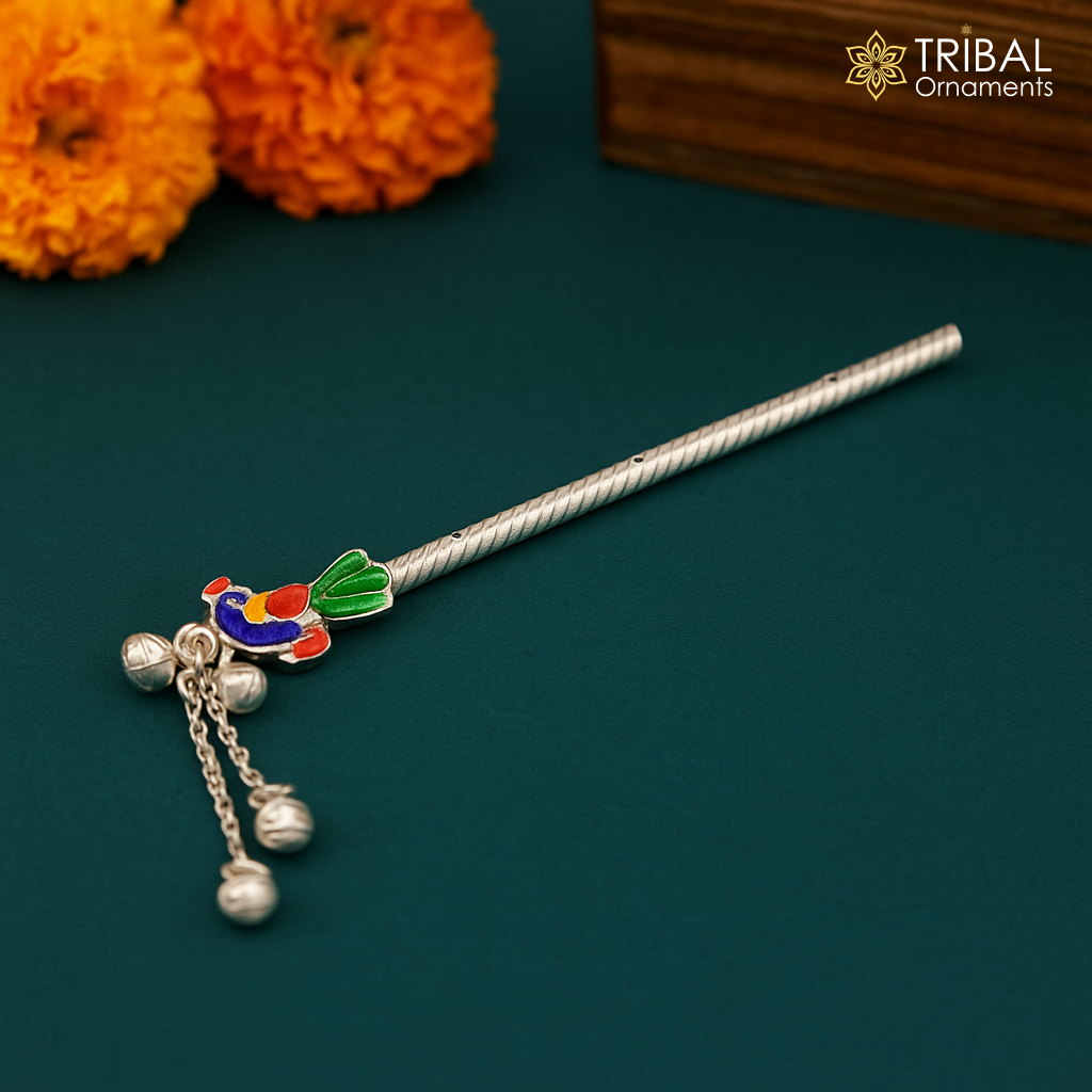 4 inches sterling silver handmade idol baby Krishna small flute, silver Bansuri, Laddu Gopala flute, little Krishna flute puja art su960 - TRIBAL ORNAMENTS