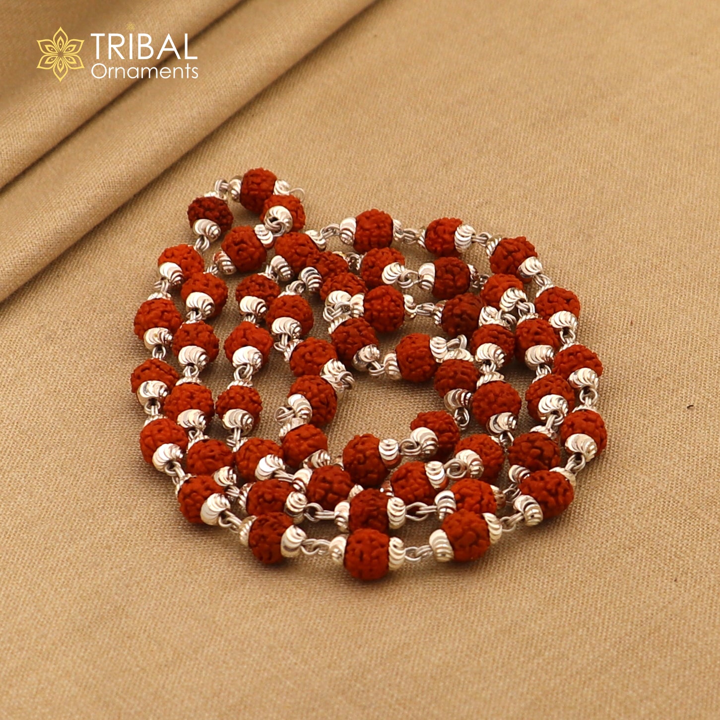 Handmade silver caps natural rudraksha bead chain necklace fabulous unisex silver jewelry awesome design ch001 - TRIBAL ORNAMENTS