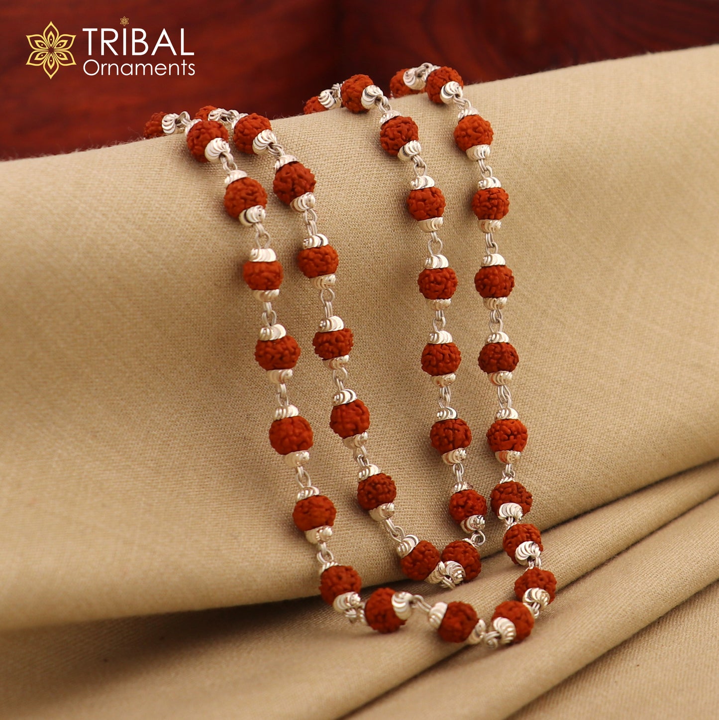 Handmade silver caps natural rudraksha bead chain necklace fabulous unisex silver jewelry awesome design ch001 - TRIBAL ORNAMENTS