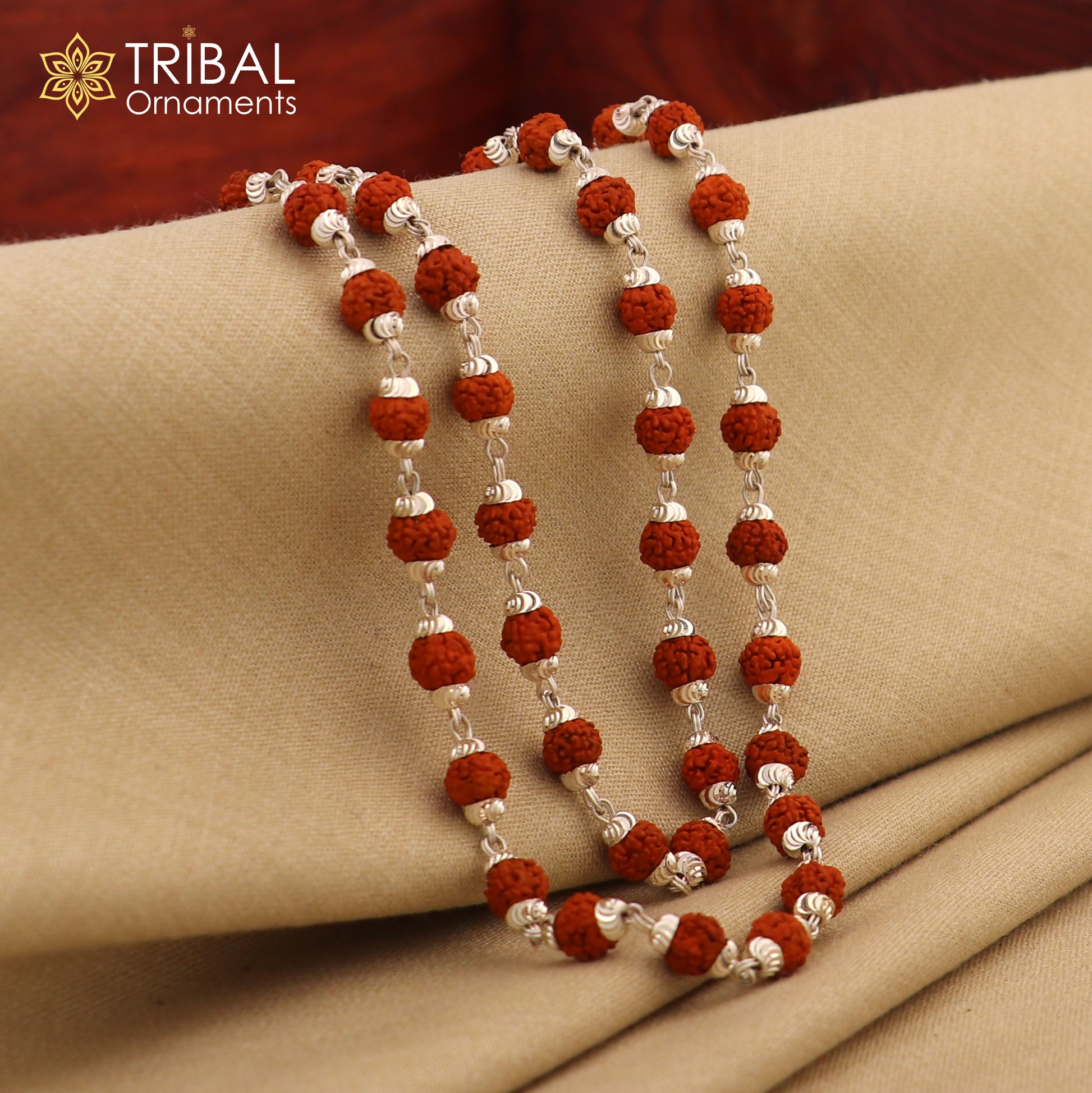 Handmade silver caps natural rudraksha bead chain necklace fabulous unisex silver jewelry awesome design ch001 - TRIBAL ORNAMENTS