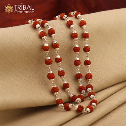 Handmade silver Rudraksha bead chain necklace by TRIBALORNAMENT, featuring natural beads and unisex silver jewelry design.
