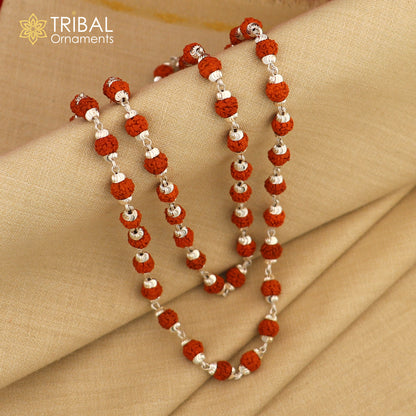 Handmade silver chain necklace with natural rudraksha beads, unisex tribal jewelry by TRIBALORNAMENT featuring a unique design.