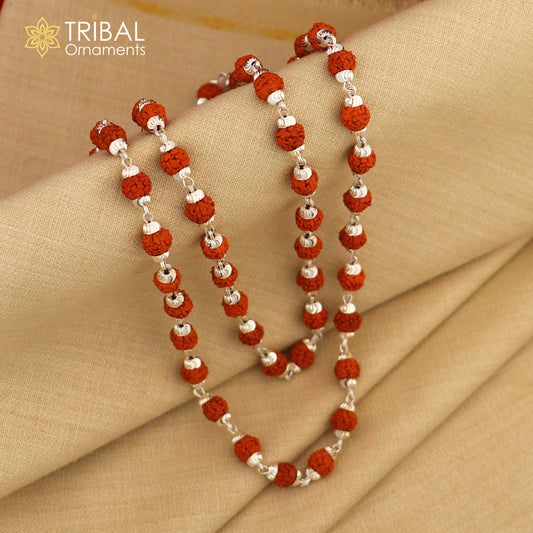 Handmade silver caps natural rudraksha bead chain necklace fabulous unisex silver jewelry awesome design ch001 - TRIBAL ORNAMENTS