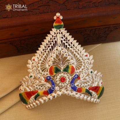 925 sterling silver antique peacock design mukut crown with intricate temple god art, crafted by TribalOrnaments.