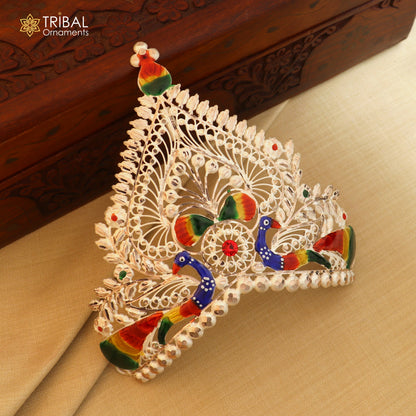 Sterling silver antique peacock design mukut crown with intricate temple god art, crafted by TribalOrnaments.