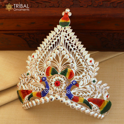 925 sterling silver antique peacock design mukut crown featuring intricate temple god art, crafted by TribalOrnaments.