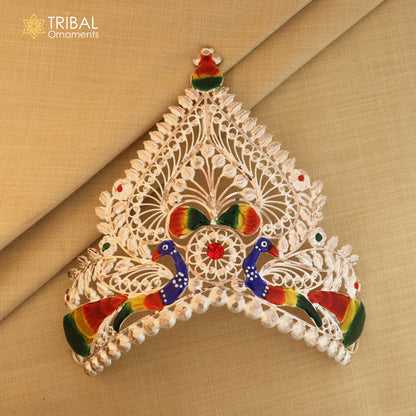Sterling silver antique peacock design mukut crown with intricate temple god art, crafted by TribalOrnaments.