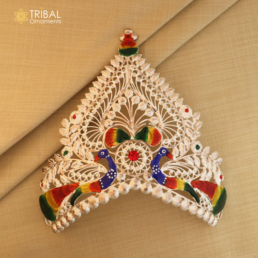 925 sterling silver antique peacock design silver mukut (crown), amazing god crown temple god art sm45 - TRIBAL ORNAMENTS