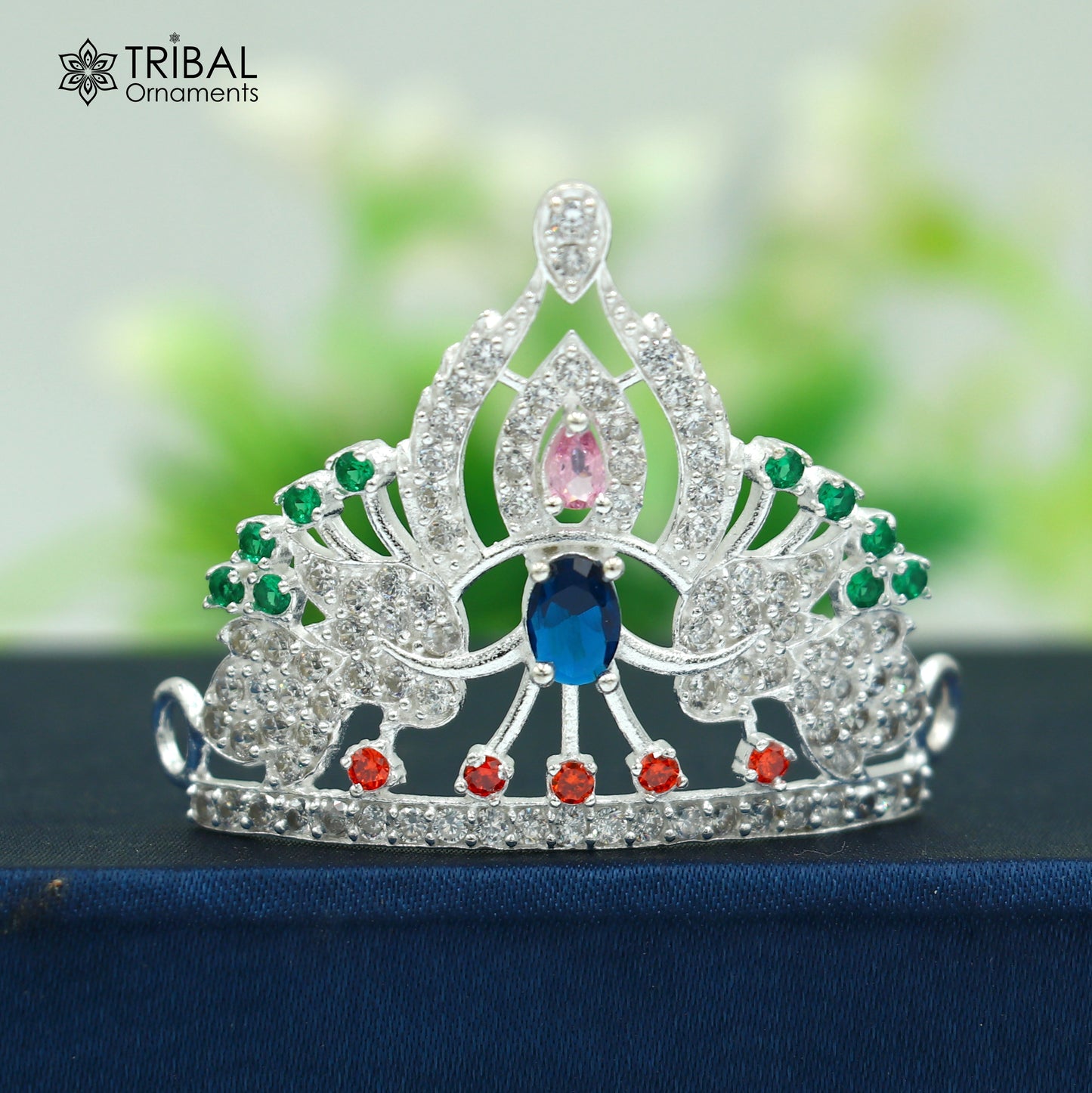 925 sterling silver antique stone design silver mukut (crown), amazing god crown temple god art sm51 - TRIBAL ORNAMENTS
