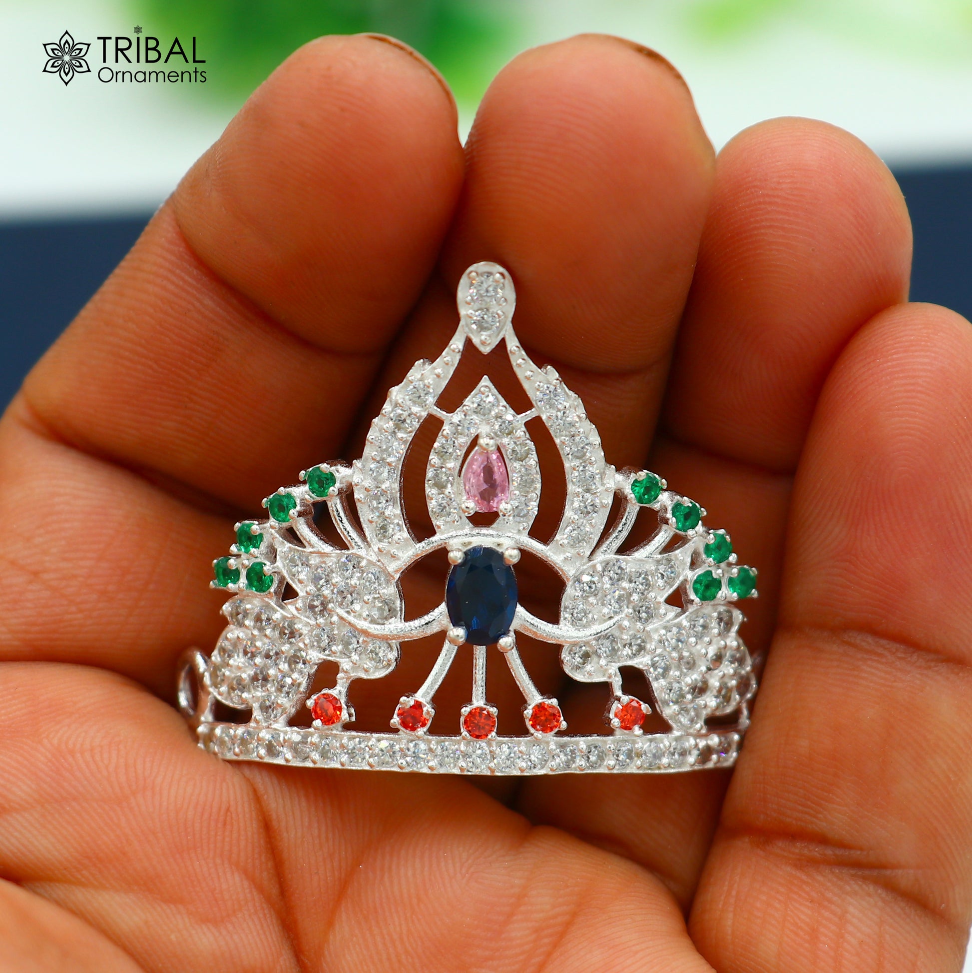 925 sterling silver antique stone design silver mukut (crown), amazing god crown temple god art sm51 - TRIBAL ORNAMENTS